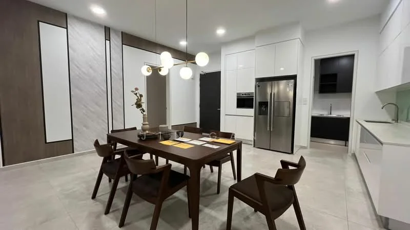 Dining features: wood dining table, 4 wooden dining chairs, pendant light fixture with multiple bulbs, white cabinetry, black built-in oven, stainless-steel fridge, grey tiled flooring, white countertop, greenery in vase, wall with wood paneling, wall with grey marble accent, black door; style: modern. Kitchen features: white cabinetry, stainless-steel sink, built-in oven, black cabinetry, grey countertop; style: modern.