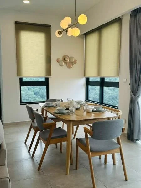 Dining features: wooden dining table, 4 upholstered dining chairs, pendant light fixture with multiple bulbs, large windows with roller blinds, grey curtains, ceramic dinnerware, glassware, decorative wall art, neutral tile flooring; style: modern; view: garden.