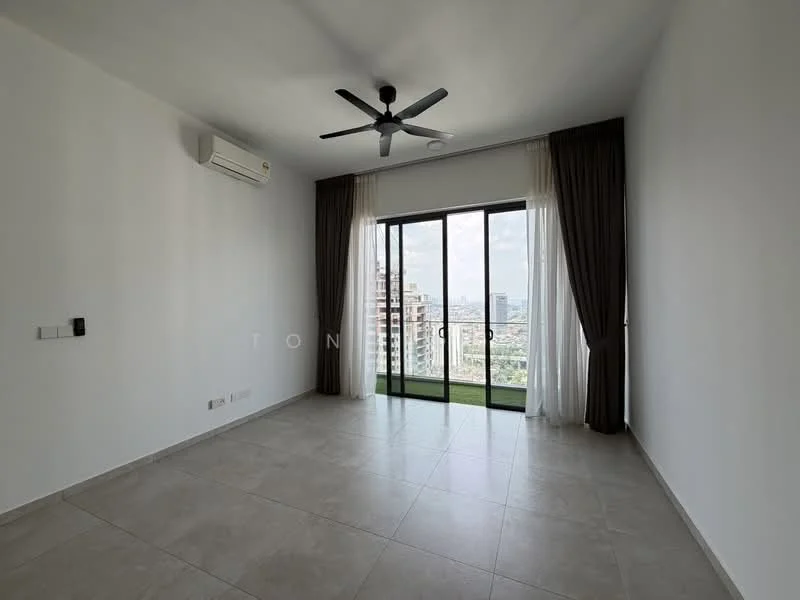 Living features: floor-to-ceiling windows, sliding glass door, grey tiled flooring, white painted walls, 5-blade ceiling fan with light, curtains, air conditioning unit, city view; style: modern; view: city.