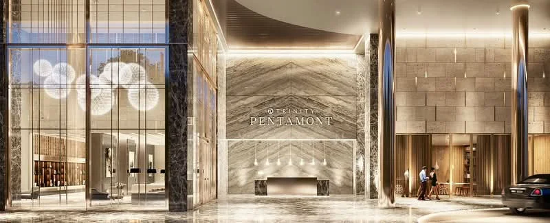 Exterior type: high-rise condominium; features: glass curtain wall facade, marble cladding, feature lighting, double-volume main lobby, recessed lighting, decorative wall art, modern reception area, elegant entrance, landscaped entrance, security desk, valet parking area; style: modern.