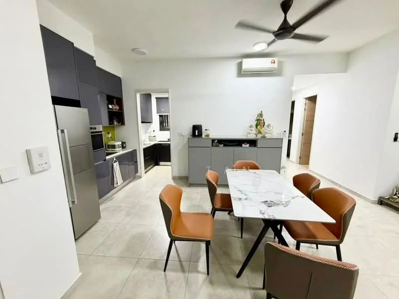 Dining features: marble dining table, 6 dining chairs in orange, wall-mounted split AC, grey cabinetry, stainless-steel fridge, built-in oven, ceramic tile flooring, white painted walls, recessed downlights, kitchen access door, open layout to kitchen, kitchen island with storage; style: modern. Kitchen features: grey cabinetry, stainless-steel appliances, ceramic tile flooring, white walls, recessed downlights, kitchen access door; style: modern.