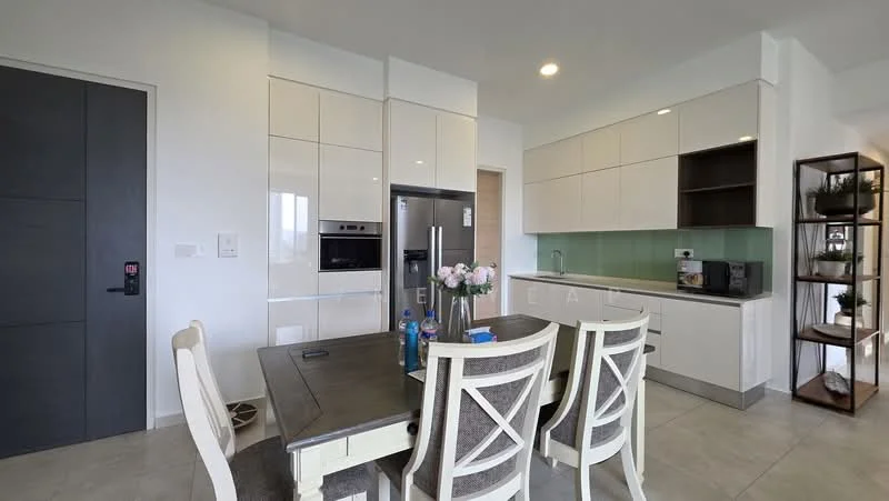 Kitchen features: white glossy cabinetry, stainless-steel fridge, built-in oven, ceramic tile flooring, grey dining table with upholstered chairs, green backsplash, countertop with integrated sink, open shelving unit, recessed downlights; style: modern.