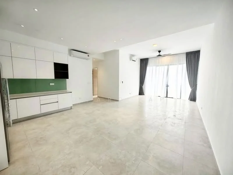 Living features: white painted walls, light grey tiled flooring, recessed downlights, 5-blade ceiling fan, floor-to-ceiling sliding glass door, sheer curtains, wall-mounted split AC, kitchenette with white cabinetry, green backsplash, stainless-steel fridge, open layout; style: modern.