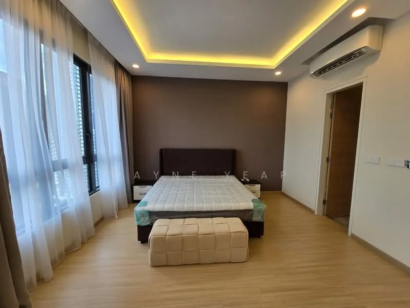 Bedroom features: king-size bed, upholstered headboard, bedside lamps, floor-to-ceiling windows, sheer curtains, wooden flooring, recessed ceiling lights, 1 wall-mounted split AC, decorative wall with brown paint, light-colored ottoman; style: modern; view: city.