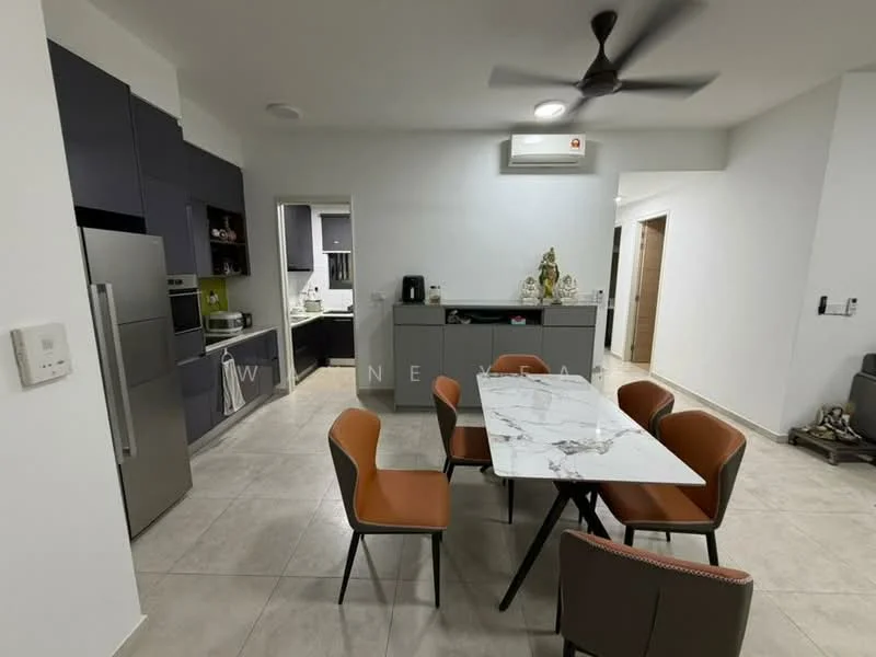 Dining features: 6-seater dining table with marble top, upholstered dining chairs in brown, ceiling fan, wall-mounted air conditioning unit, grey cabinetry, stainless-steel fridge, built-in microwave, freestanding range oven, ceramic tile flooring, white painted walls, open layout to kitchen, decorative items on countertop; style: modern. Kitchen features: grey cabinetry, stainless-steel fridge, built-in microwave, freestanding range oven, ceramic tile flooring, white painted walls, open layout to dining area; style: modern.