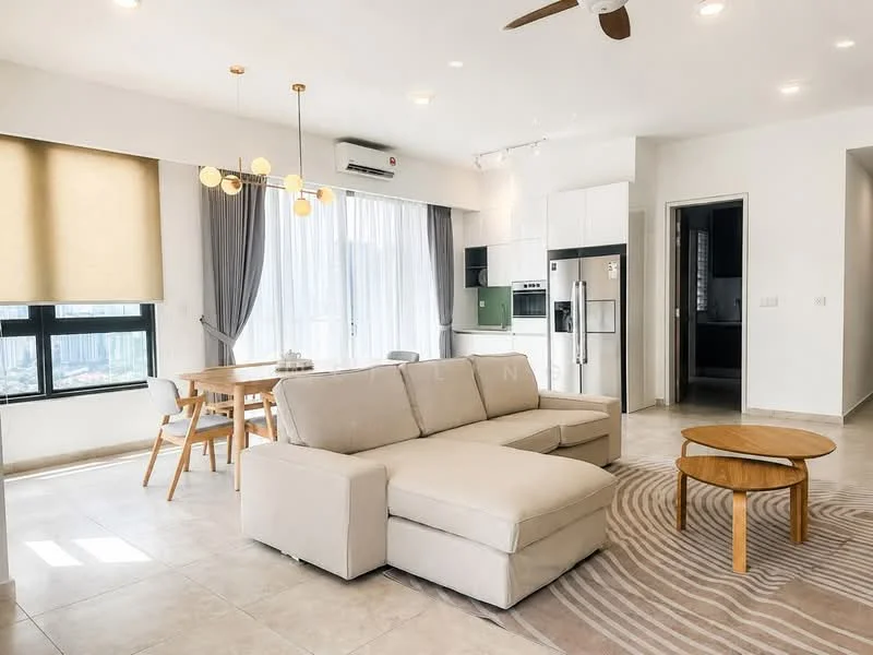 Living features: 3-seater fabric sofa in beige, round wooden coffee table, area rug with geometric pattern, ceiling fan, recessed LED downlights, floor-to-ceiling windows, sheer curtains, dining table with 4 wooden chairs, wall-mounted split AC, light-colored tiled flooring, white painted walls, kitchen area visible with white cabinetry, green refrigerator; style: modern; view: city.