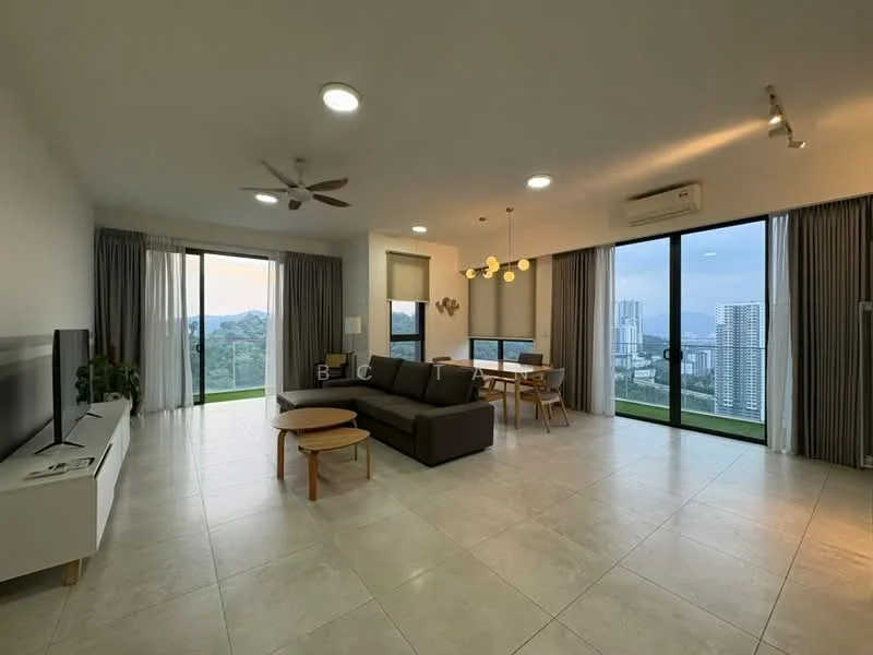 Living features: 3-seater fabric sofa in dark grey, coffee table, wall-mounted TV, floor-to-ceiling windows, sliding glass door, curtains, ceiling fan with light, recessed downlights, tile flooring, mountain view, city skyline view, decorative wall art, area rug; style: modern; view: city.