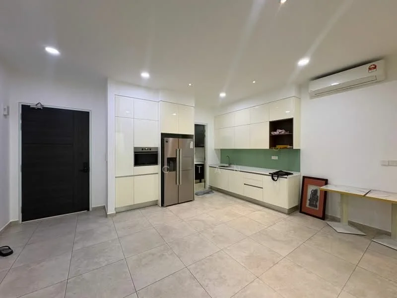 Kitchen features: white flat-panel cabinets, green glass backsplash, stainless-steel fridge, built-in oven, freestanding range oven, single-bowl stainless-steel sink, chrome pull-down faucet, countertop with integrated workspace, tile flooring, recessed LED downlights, wall-mounted split AC; style: modern.