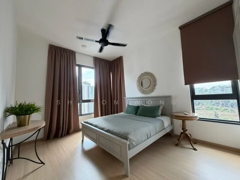 Bedroom features: queen-size bed with light grey bedding, upholstered headboard, 2 bedside tables, decorative mirror on the wall, 5-blade ceiling fan, floor-to-ceiling windows, brown curtains, wooden flooring, plant in ceramic pot, natural light from window, view of city skyline; style: modern; view: city.