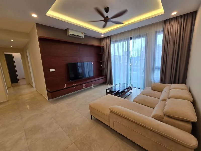 Living features: L-shape sectional sofa in beige, coffee table with glass top, wall-mounted TV, feature wall with wooden paneling, recessed lighting, ceiling fan with light, floor-to-ceiling windows, sheer curtains, marble tile flooring, air conditioning unit; style: modern; view: garden.