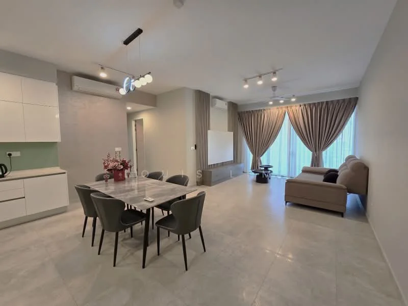 Dining features: 6-seater dining table, black dining chairs, marble tabletop; style: modern. Living features: beige L-shape sectional sofa, wall-mounted TV, light grey walls, curtains in light brown, recessed downlights, air conditioning unit; style: modern. Room features: light grey flooring, decorative wall paneling, floor-to-ceiling windows.