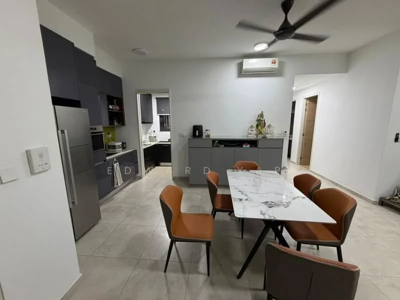 Dining features: marble dining table, 6 upholstered dining chairs in brown, recessed downlights, wall-mounted air conditioning unit, grey cabinetry, stainless-steel fridge, built-in oven, kitchen countertop with storage, ceramic tile flooring, white painted walls, ceiling fan; style: modern. Kitchen features: grey cabinetry, stainless-steel fridge, built-in oven, kitchen countertop with storage, ceramic tile flooring, white painted walls; style: modern.