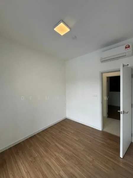 Room features: white painted walls, laminate flooring, ceiling light fixture, wall-mounted split AC, door with handle, window with view to adjacent room; style: modern.