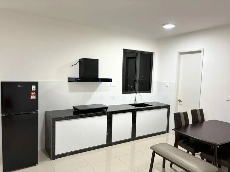 Kitchen features: black granite countertop, white cabinetry, stainless-steel sink, chrome pull-down faucet, built-in black range hood, freestanding black fridge, wall-mounted window, white walls, recessed LED downlights, dining table with four chairs, tile flooring; style: modern.