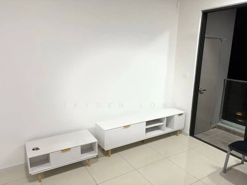 Room features: white painted walls, glossy tile flooring, two white TV consoles with wooden legs, one console with open shelving, one console with closed storage, sliding glass door leading to balcony, balcony view, key on the floor; style: modern.