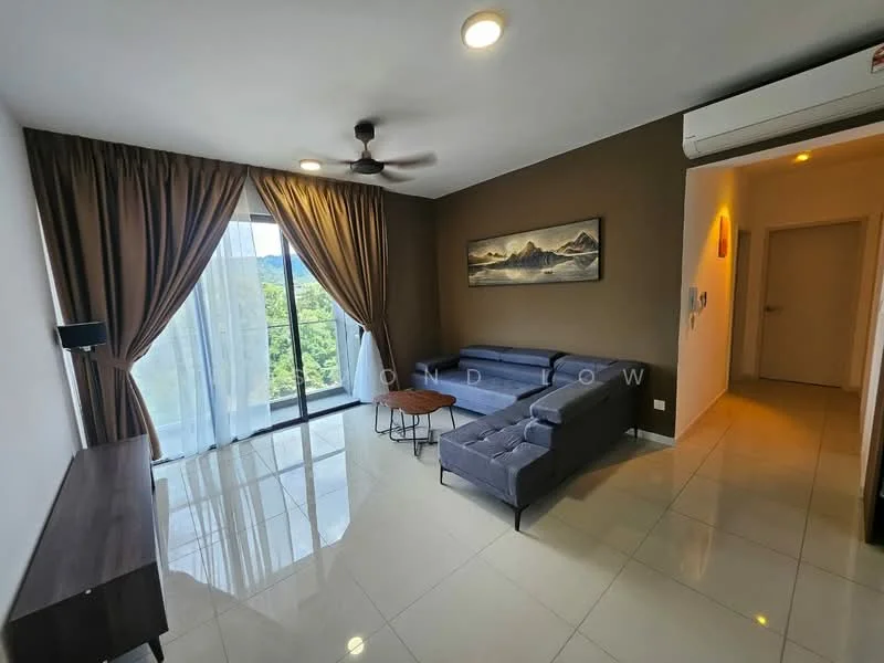 Living features: grey fabric L-shape sectional sofa, wooden coffee table, wall-mounted TV, dark wood TV console, floor-to-ceiling windows, sheer curtains, recessed downlights, polished ceramic tile flooring, cream painted walls, ceiling fan with light; style: modern; view: garden.