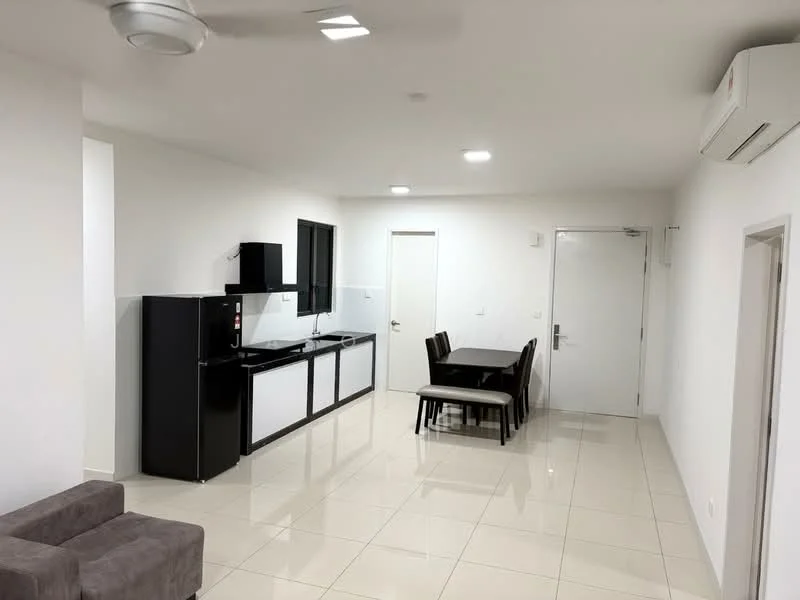 Living features: white painted walls, glossy ceramic tile flooring, 5-blade ceiling fan with light, wall-mounted split AC, black refrigerator, built-in kitchen cabinets with white fronts, black countertop, dining table with four chairs, door leading to hallway, large window for natural light; style: modern.
