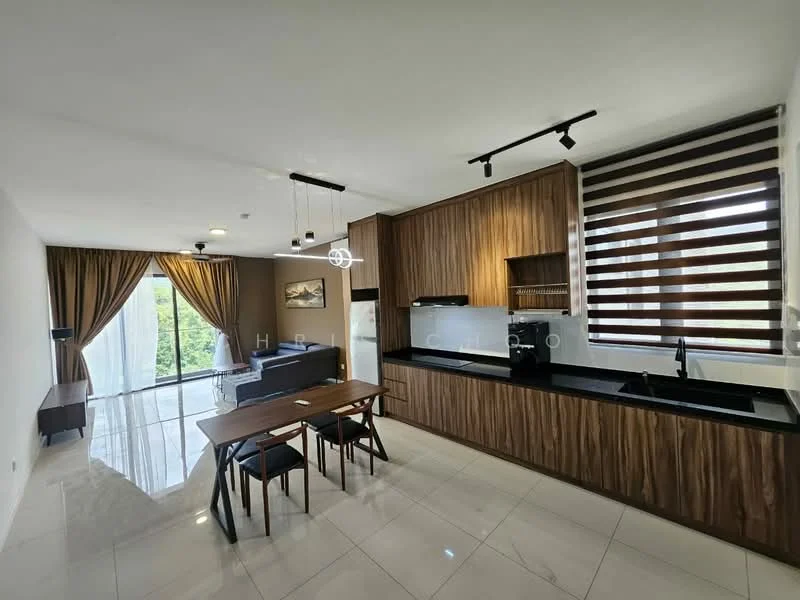 Kitchen features: black granite countertop, wood cabinetry, built-in coffee machine, stainless-steel sink, chrome pull-down faucet, glass backsplash, recessed downlights, sliding glass door, floor-to-ceiling windows, dining table with 4 chairs, marble tile flooring, curtains, wall-mounted TV; style: modern; view: garden.