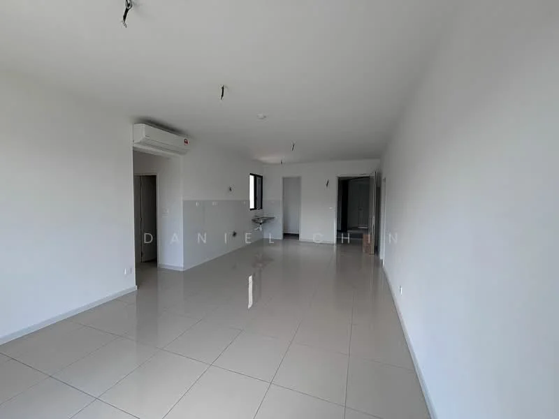 Room features: white painted walls, glossy ceramic tile flooring, 1 wall-mounted split AC, 1 window, 2 ceiling light fixtures, neutral color scheme, open layout, no visible furniture; style: modern.