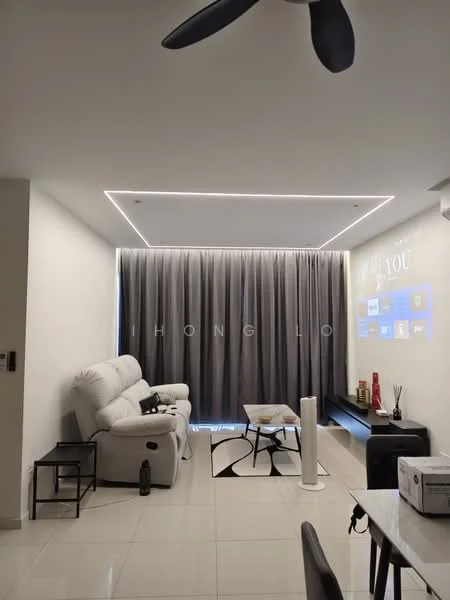 Living features: white painted walls, polished tile flooring, 5-blade ceiling fan with light, recessed LED downlights, floor-to-ceiling curtains in grey, sofa in white leather, coffee table with black and white design, decorative wall art, projector screen on wall, decorative items on shelves; style: modern.