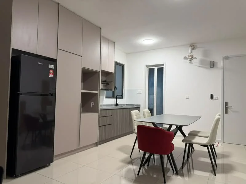 Kitchen features: black fridge, grey cabinetry, white countertop, stainless-steel sink, chrome faucet, built-in oven, ceramic tile flooring, recessed ceiling light, window with sliding door, dining table with four chairs; style: modern.