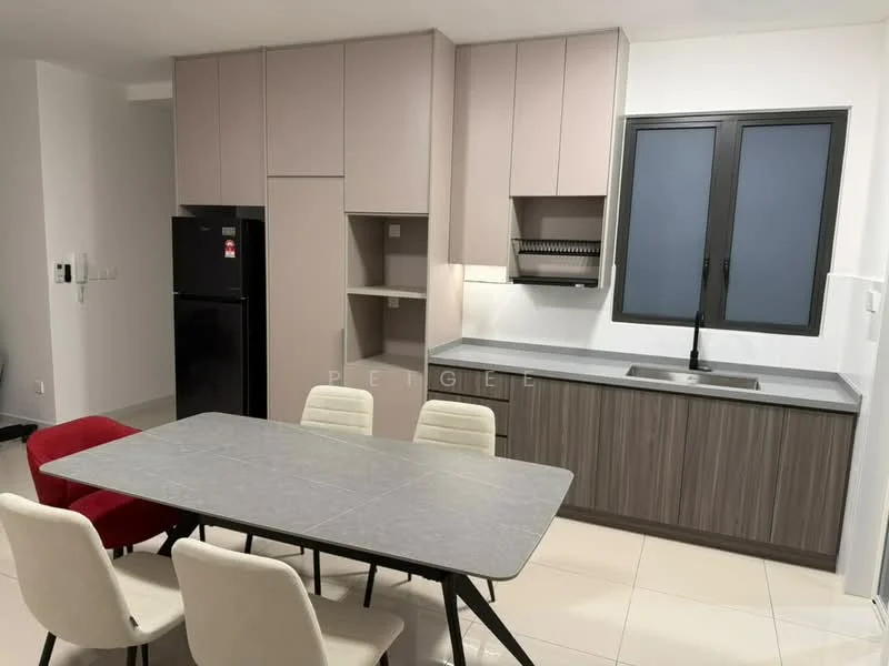 Kitchen features: grey laminate cabinetry, white countertop, stainless-steel sink, chrome pull-down faucet, built-in oven, black refrigerator, open shelving, grey tile flooring, wall-mounted range hood, black framed window, dining table with grey top, 4 upholstered dining chairs; style: modern.