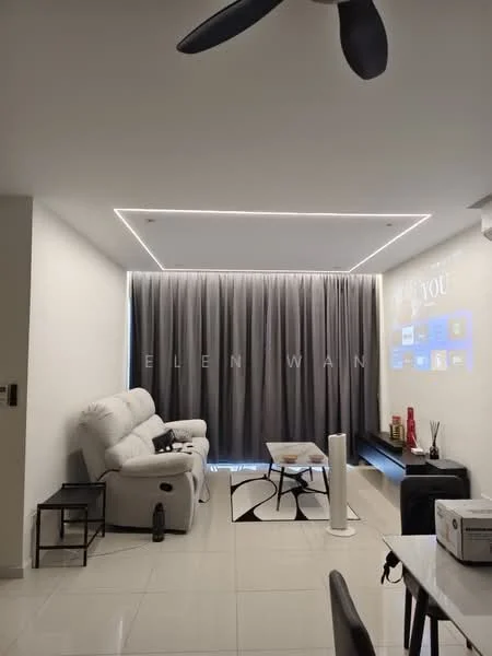 Living features: white painted walls, recessed ceiling with LED lighting, grey curtains, 3-seater white leather sofa, black and white area rug, coffee table, wall-mounted projector screen, floor-to-ceiling windows, tile flooring, ceiling fan; style: modern.