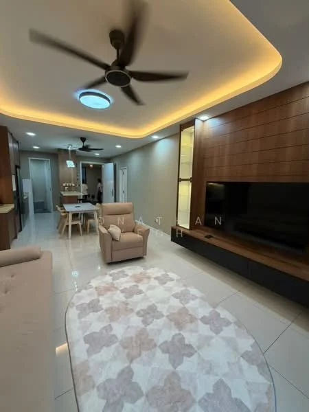 Living features: 5-blade ceiling fan with light, recessed LED downlights, wall-mounted TV, wood feature wall, cream painted walls, white tiled flooring, area rug with floral pattern, sofa in light beige, coffee table, dining table with chairs, open layout to kitchen, decorative wall shelving; style: modern.