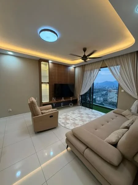 Living features: cream leather sectional sofa, 2-seater recliner chair, area rug with geometric pattern, wall-mounted TV, wooden TV console, floor-to-ceiling windows, sheer curtains, recessed downlights, 5-blade ceiling fan with light, light brown accent wall, white tiled flooring, decorative wall shelving; style: modern; view: city.
