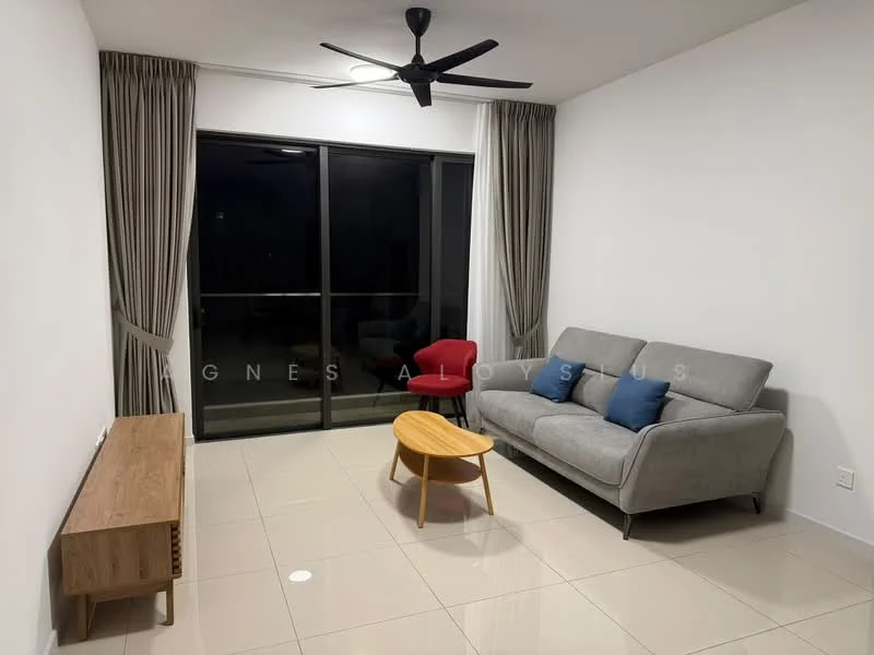 Living features: grey fabric sofa, red accent chair, wooden coffee table, TV console, floor-to-ceiling windows, sheer curtains, recessed downlights, 5-blade ceiling fan, cream painted walls, glossy tile flooring; style: modern.