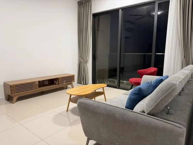 Living features: grey fabric sofa, red accent chair, wooden coffee table, TV console with slatted design, floor-to-ceiling sliding glass door, curtains, light-colored tiled flooring, ceiling fan; style: modern.