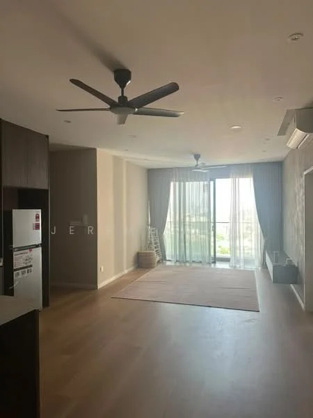 Living features: 5-blade ceiling fan with light, floor-to-ceiling windows, sliding glass door, light wood flooring, neutral painted walls, recessed downlights, curtains, open layout, area rug, air conditioning unit; style: modern; view: city.