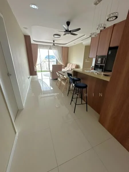 Living features: white painted walls, glossy tile flooring, 5-blade ceiling fan with light, sofa in beige, dining table with 4 stools, kitchen island with bar seating, floor-to-ceiling windows, curtains, recessed downlights, kitchen cabinetry in wood finish, built-in oven, stainless-steel fridge; style: modern; view: city.