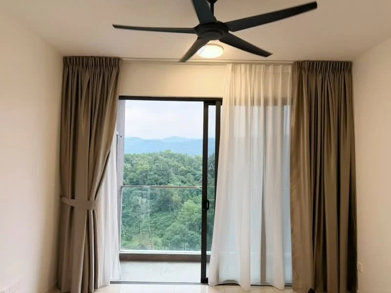 Room features: floor-to-ceiling windows, sheer curtains, blackout curtains, 5-blade ceiling fan, white painted walls, tile flooring, mountain view; style: modern; view: mountain.