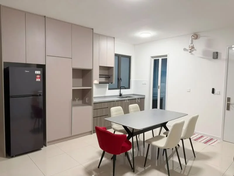 Kitchen features: black fridge, grey cabinetry, white countertop, dining table with grey surface, 4 white dining chairs, 1 red dining chair, window with black frame, sliding glass door, tile flooring, recessed ceiling lights, wall-mounted light fixture; style: modern.