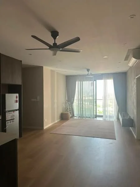 Living features: 5-blade ceiling fan with light, floor-to-ceiling windows, sliding glass door, light wood flooring, neutral wall colour, recessed downlights, area rug, open layout to kitchen, curtains, view of outdoor space; style: modern; view: garden. Kitchen features: stainless-steel fridge, dark wood cabinetry, open layout to living area; style: modern.