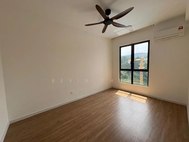 Room features: light wood laminate flooring, white painted walls, 5-blade ceiling fan, floor-to-ceiling window, mountain view, wall-mounted split AC, natural light from window; style: modern; view: mountain.
