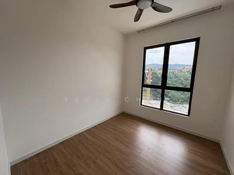 Bedroom features: wooden flooring, white painted walls, 5-blade ceiling fan, floor-to-ceiling windows, mountain view; style: modern; view: mountain.