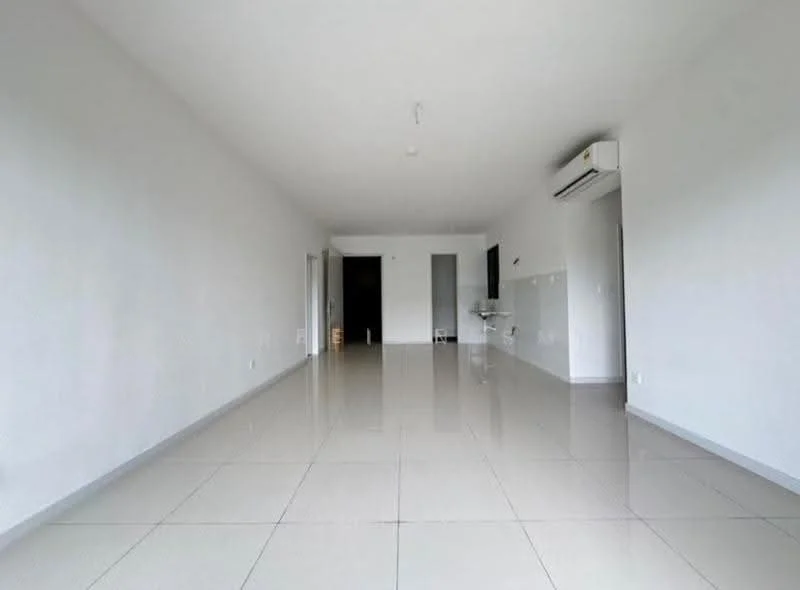 Living features: white painted walls, glossy ceramic tile flooring, 1 wall-mounted split AC, recessed downlights, open layout, large windows, neutral color scheme, minimalist decor; style: modern.