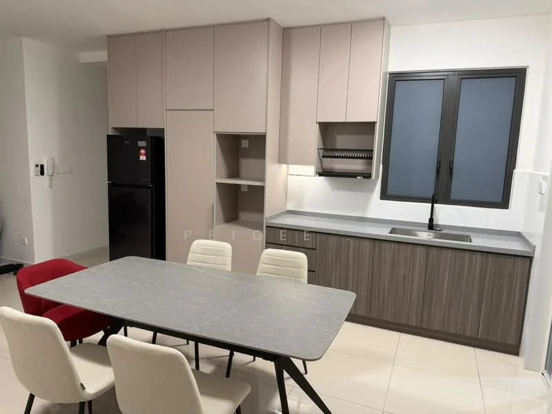 Kitchen features: grey laminate cabinetry, white countertop, stainless-steel sink, chrome pull-down faucet, built-in oven, black refrigerator, grey dining table, 4 upholstered dining chairs, tile flooring, window with black frame, wall-mounted kitchen storage, recessed lighting; style: modern.