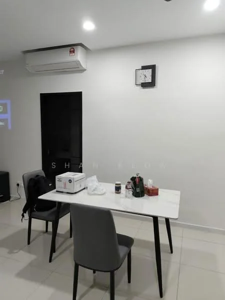 Dining features: white marble dining table, 4 grey upholstered dining chairs, wall-mounted clock, wall-mounted air conditioning unit, black door, light grey painted walls, cream tiled flooring; style: modern.