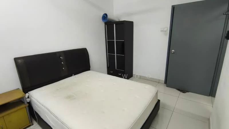 Bedroom features: queen-size bed, upholstered headboard, white walls, grey door, tile flooring, built-in wardrobe with glass doors, nightstand, window with no visible treatment.