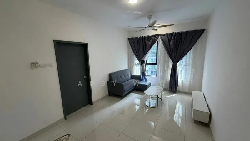 Living features: grey fabric sofa, round coffee table, white tiled flooring, white painted walls, floor-to-ceiling windows, sheer curtains, dark curtains, ceiling fan with light, wall-mounted air conditioning unit, door to hallway; style: modern.