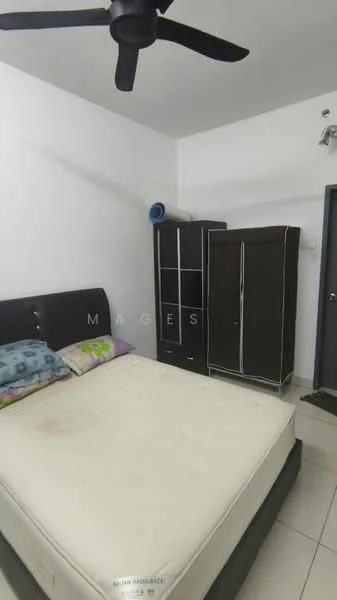 Bedroom features: queen-size bed, black upholstered bed frame, two-tone bedding with pillows, black wardrobe with sliding doors, white painted walls, ceiling fan, tile flooring, window with curtain rod.