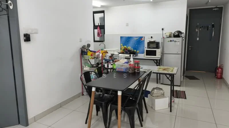 Kitchen features: white painted walls, glossy tile flooring, black dining table with wooden legs, black plastic dining chairs, stainless-steel fridge, built-in microwave, countertop with colorful backsplash, kitchen sink, kitchen cabinets, various kitchen appliances on countertop, open shelving with kitchen items; style: modern.