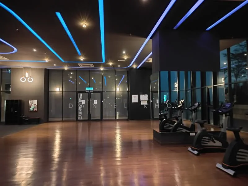 Room features: wooden flooring, black painted walls, blue LED strip lighting, large glass windows, exercise bikes, mirrored wall, recessed ceiling lights, air conditioning units; style: modern; view: city.