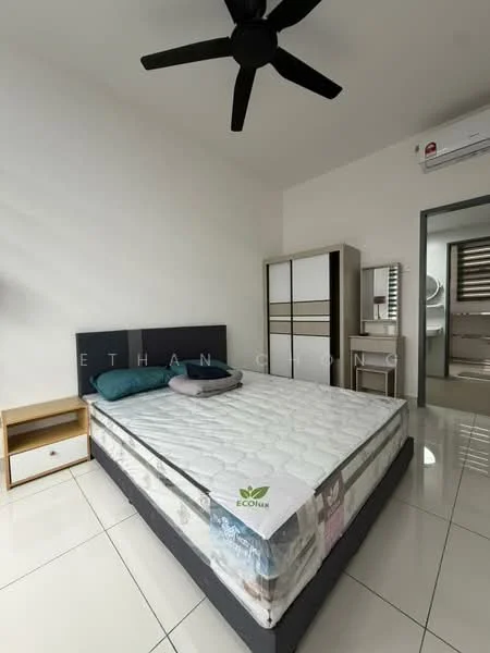 Bedroom features: king-size bed, upholstered headboard, 2 bedside tables, ceiling fan, wall-mounted air conditioning unit, built-in wardrobe with sliding doors, white painted walls, glossy tile flooring, decorative cushions, natural light from window; style: modern.