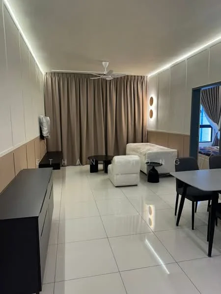 Living features: white leather sofa, black coffee table, black sideboard, 4-seater dining table, ceiling fan, recessed LED lighting, floor-to-ceiling curtains, white tiled flooring, wall-mounted TV, decorative wall paneling; style: modern.