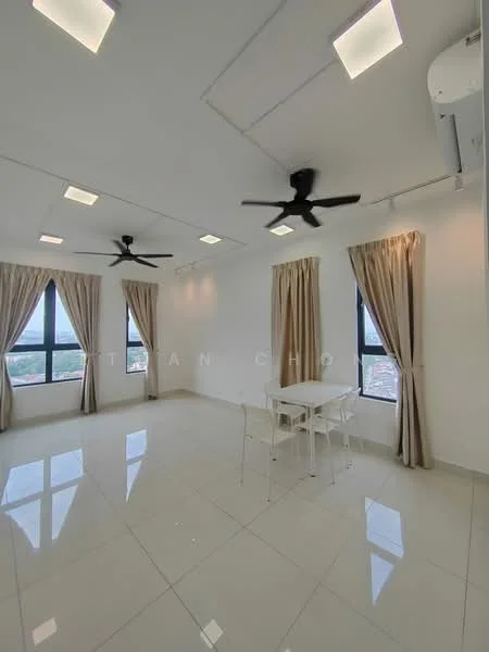 Room features: white painted walls, glossy white tile flooring, 2 ceiling fans, 4 recessed LED downlights, floor-to-ceiling windows, sheer curtains, dining table with 4 chairs, city view; style: modern; view: city.