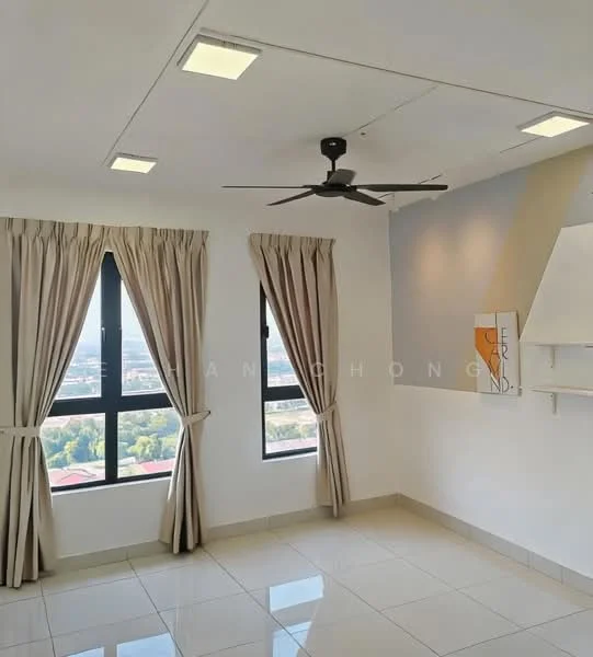 Room features: white painted walls, grey accent wall, floor-to-ceiling windows, sheer curtains, 5-blade ceiling fan, recessed LED downlights, glossy tile flooring, built-in shelf; style: modern; view: city.